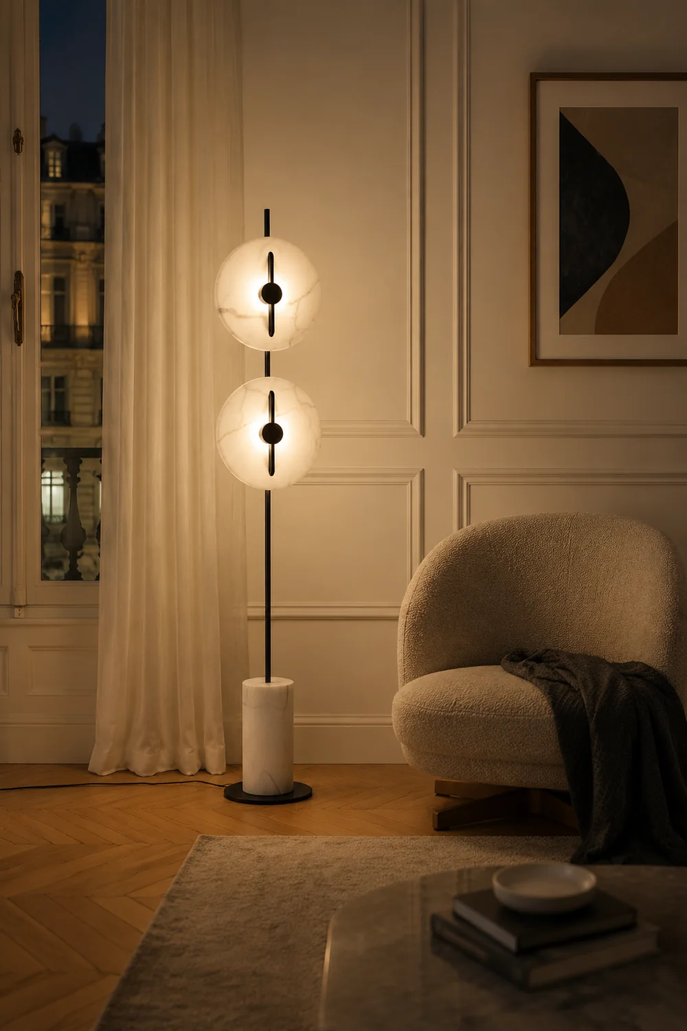 Salgado Modern Nordic Round Marble/Metal  Floor Lamp, White - Lumpaz