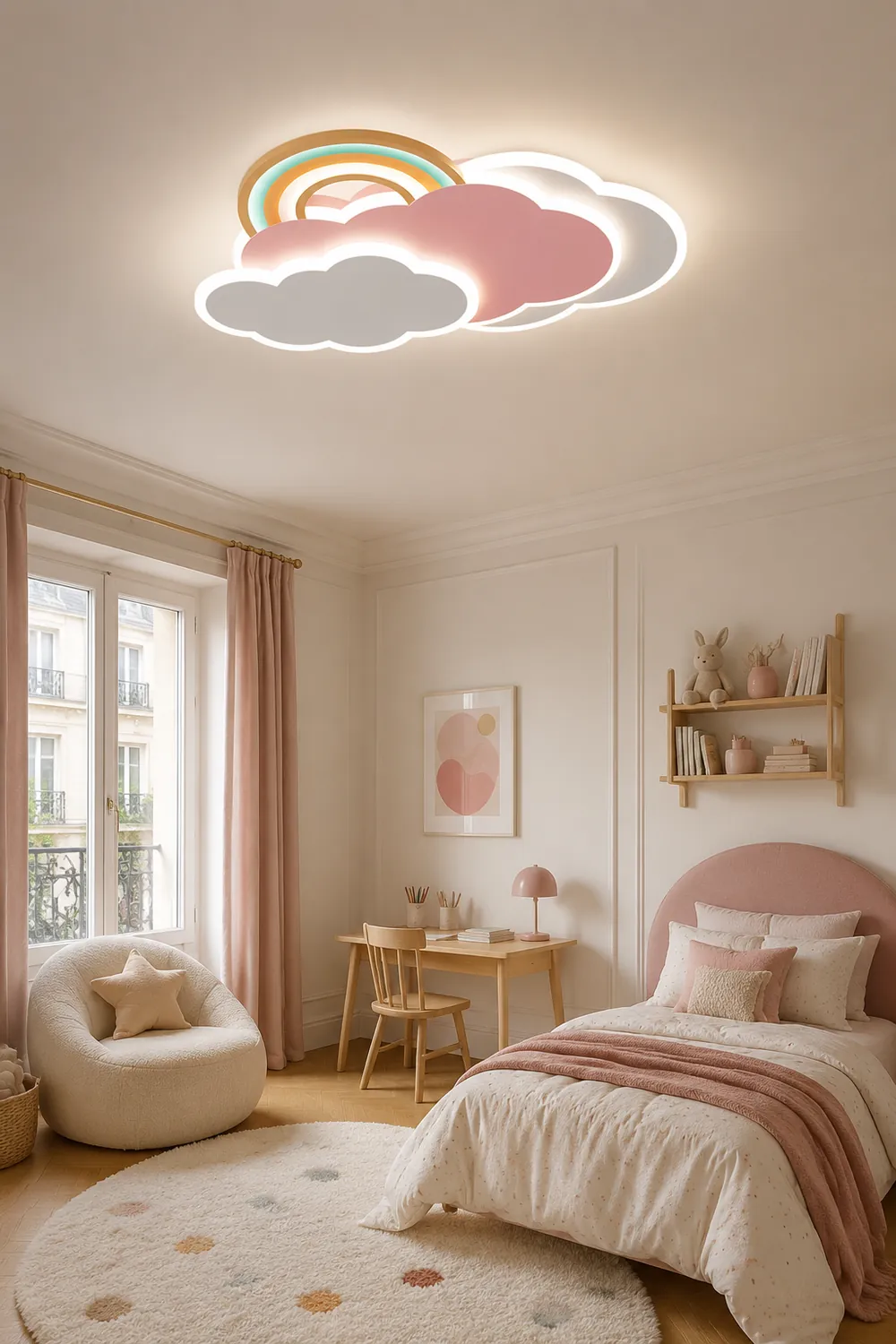 Minori Modern Cloud/Rainbow Metal/Acrylic Flush Mount Ceiling Light Pink/White - Lumpaz