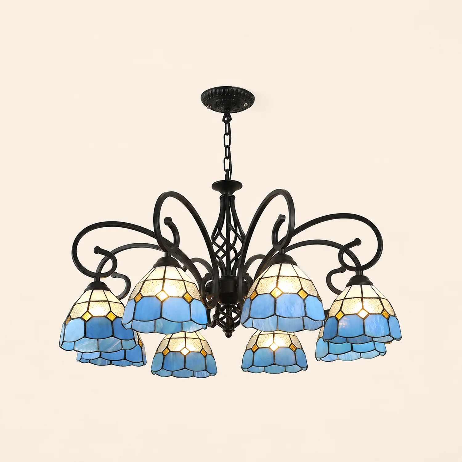 Silva Tiffany Mediterranean Branch Metal Chandelier, White/Blue/Navy Blue - Lumpaz