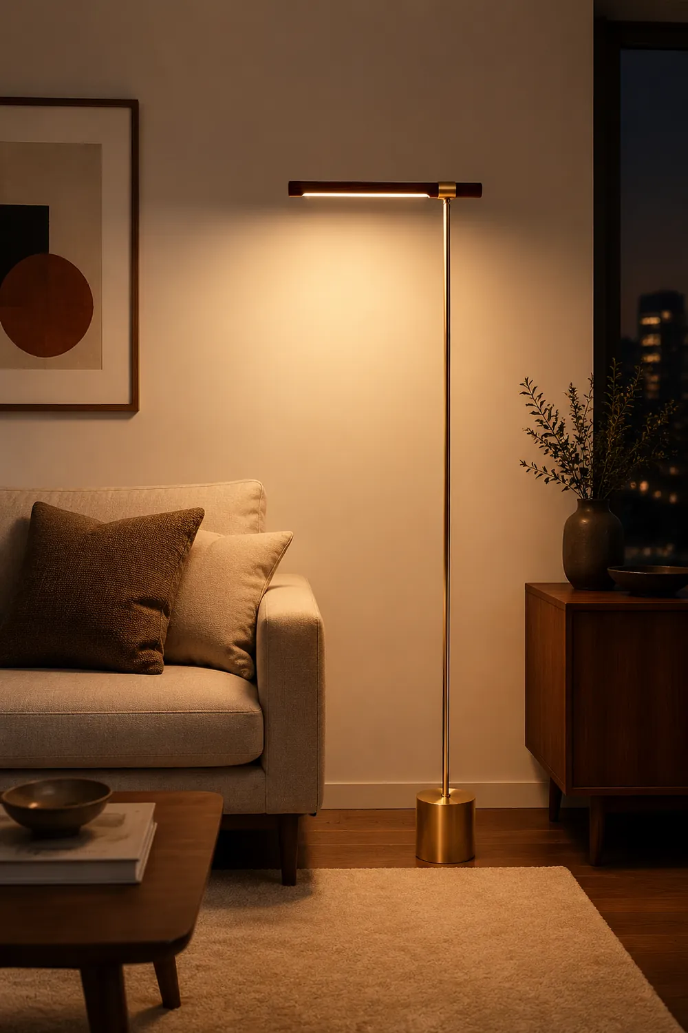 Edge Floor Lamp Linear Minimalist, Metal/Wood, Gold, Living Room - Lumpaz
