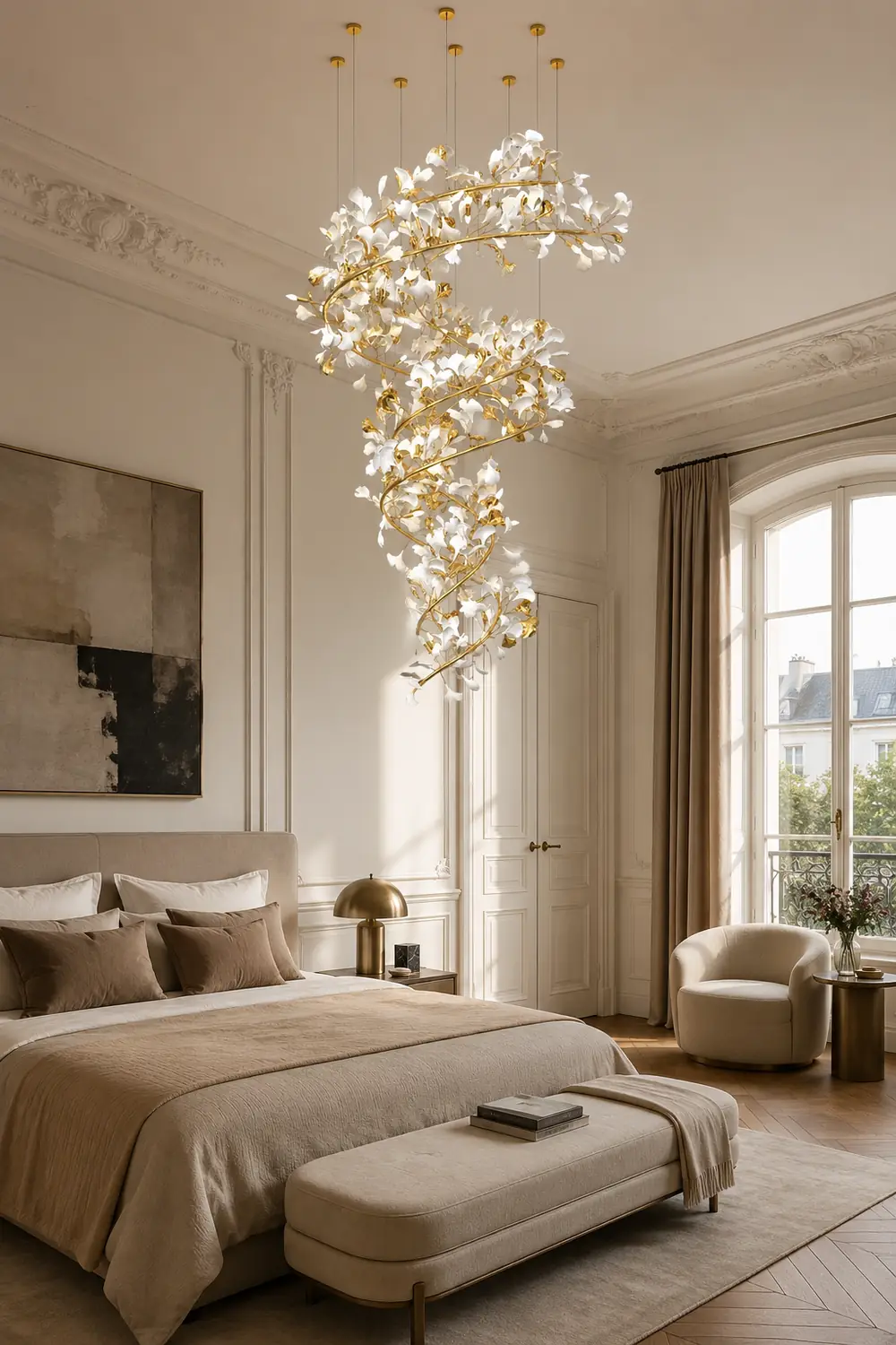 Ophelia AntGlo Modern Gold Staircase Chandelier, Metal & Ceramic - Lumpaz