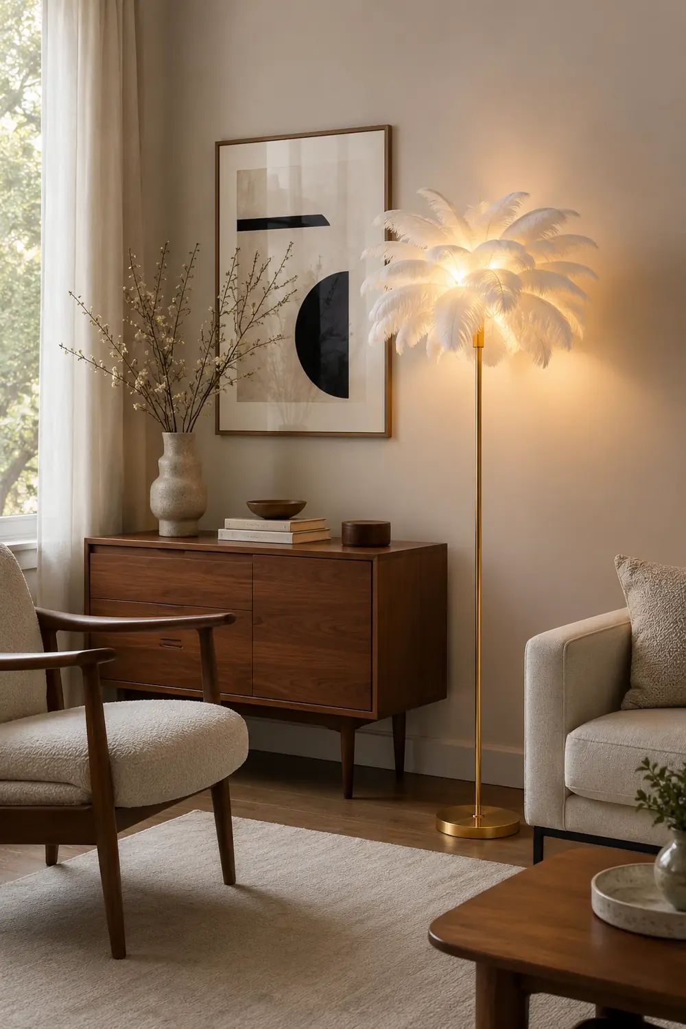 O'Moore Modern Floor Lamp, Natural Ostrich Feather & Metal Stand - Lumpaz