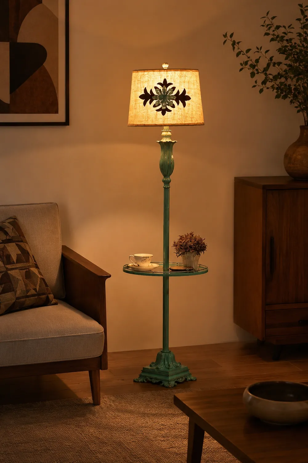 Eryn Floor Lamp Table Vintage, Metal/Resin, Green, Living Room - Lumpaz