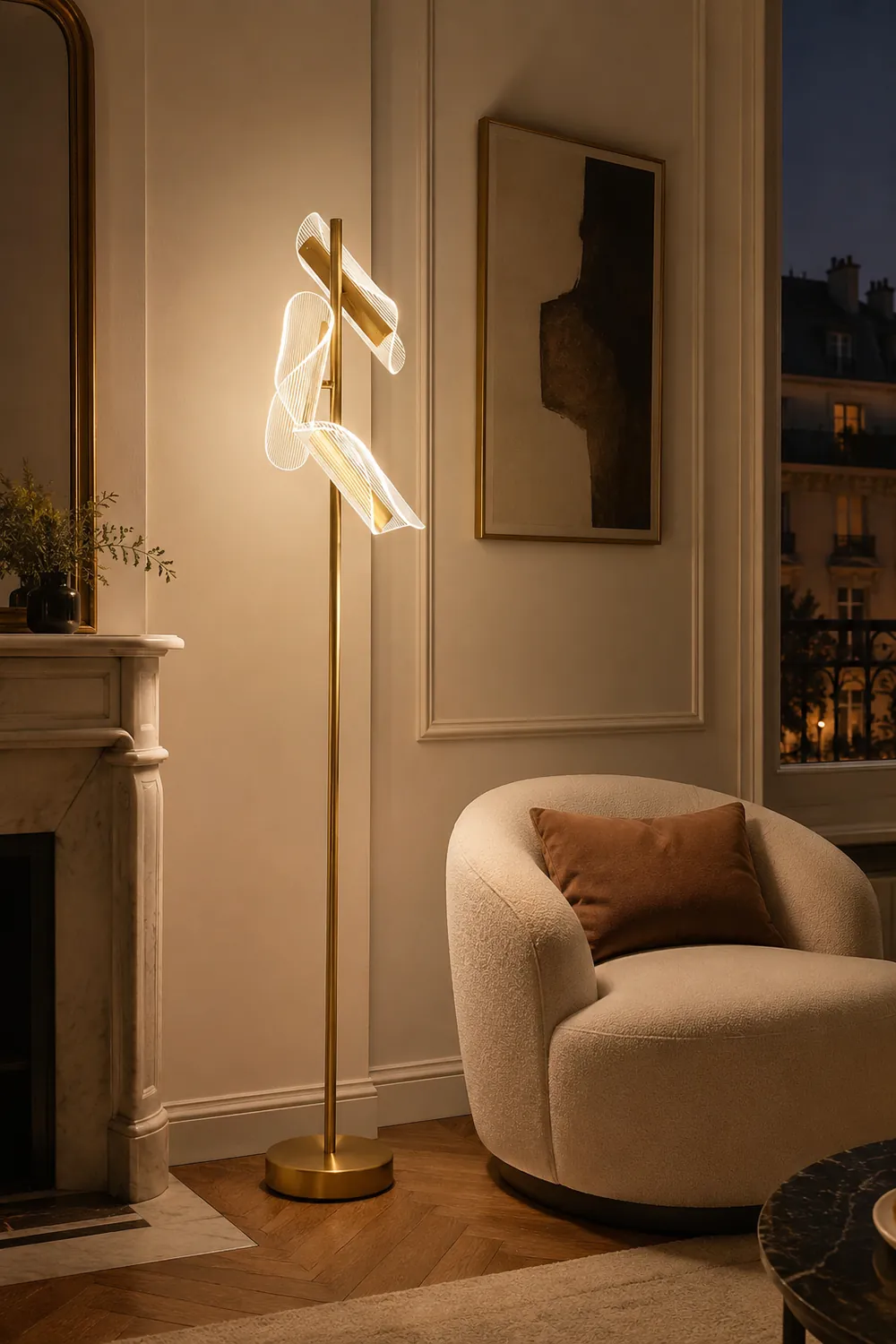 Salgado Floor Lamp Waves/3 Heads Modern, Acrylic, Gold/White, Living Room - Lumpaz