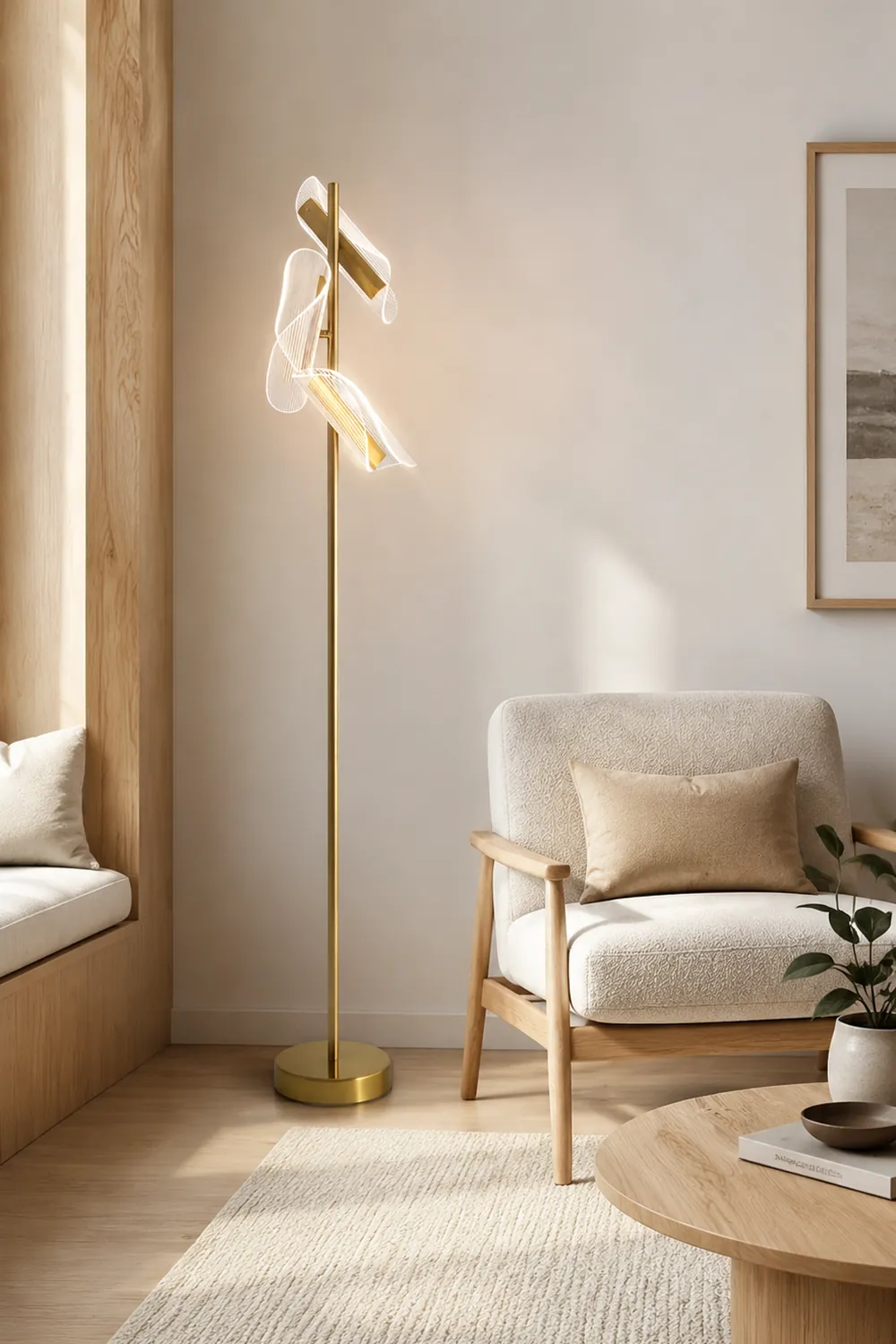 Salgado Floor Lamp Waves/3 Heads Modern, Acrylic, Gold/White, Living Room - Lumpaz