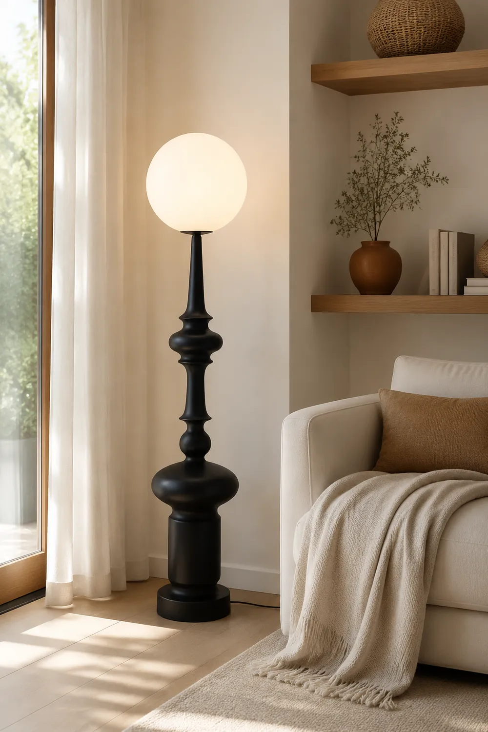 Salgado Retro Column Glass/Resin Floor Lamp, Black, Bedroom - Lumpaz