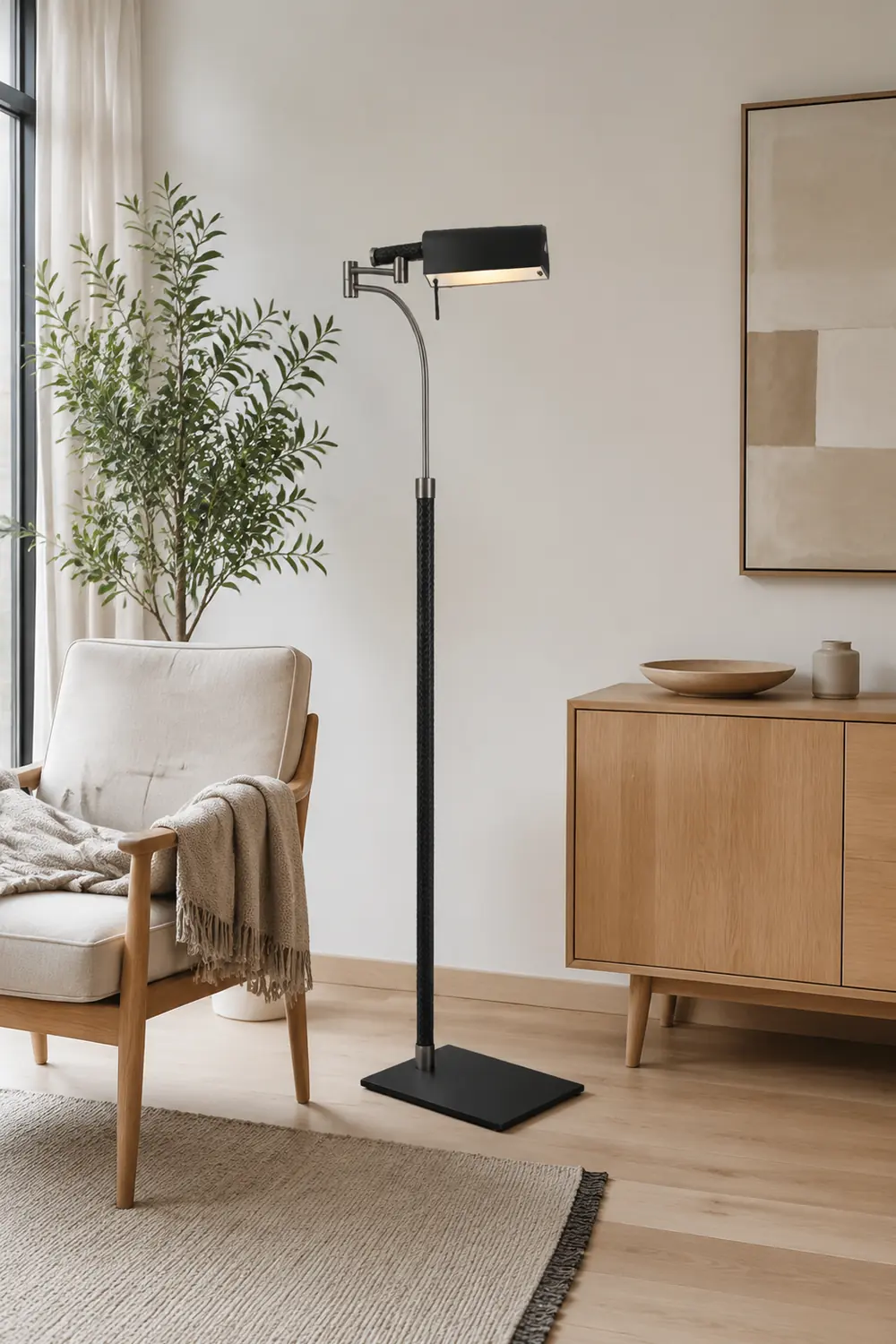 Salgado Design Modern Black Floor Lamp, Leather & Metal - Lumpaz