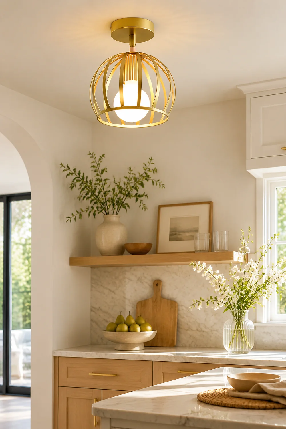 Herbert Semi Art Deco Globe Flush Mount Ceiling Light, Brass - Lumpaz