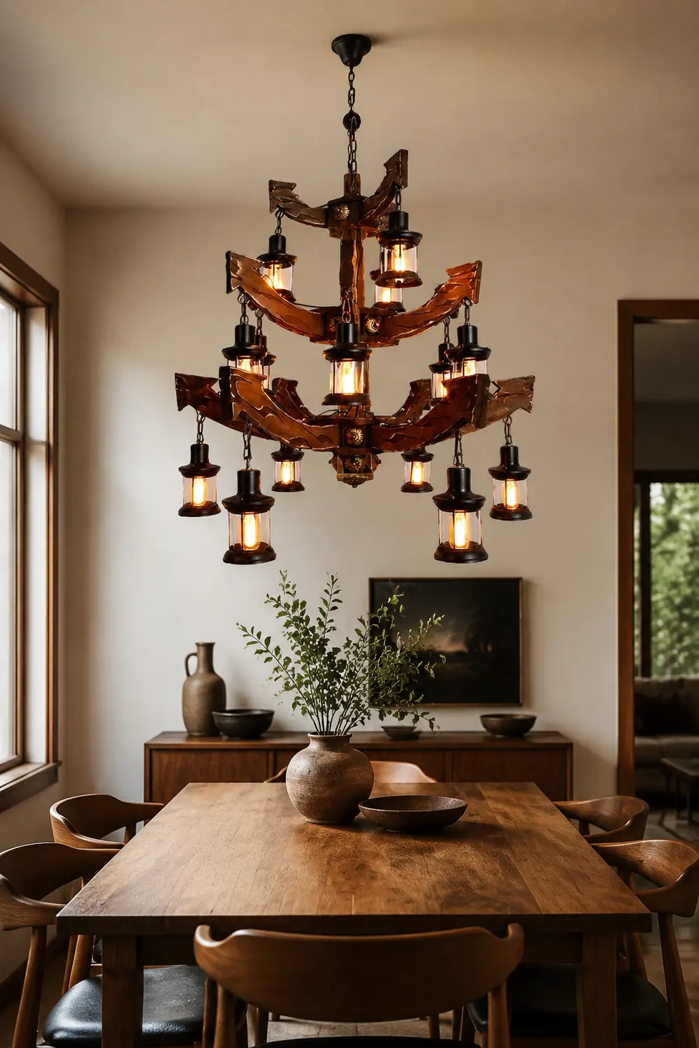 Austin Retro 14 Lantern Wood/Metal Chandelier Living Room/Bedroom - Lumpaz