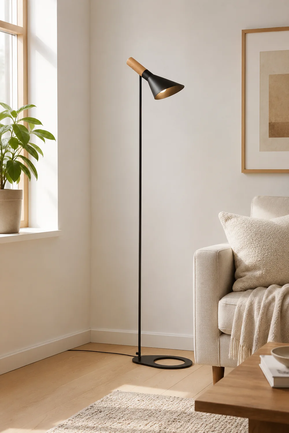 Carins Modern Minimalist Metal/Wood Floor Lamp, Black/White - Lumpaz