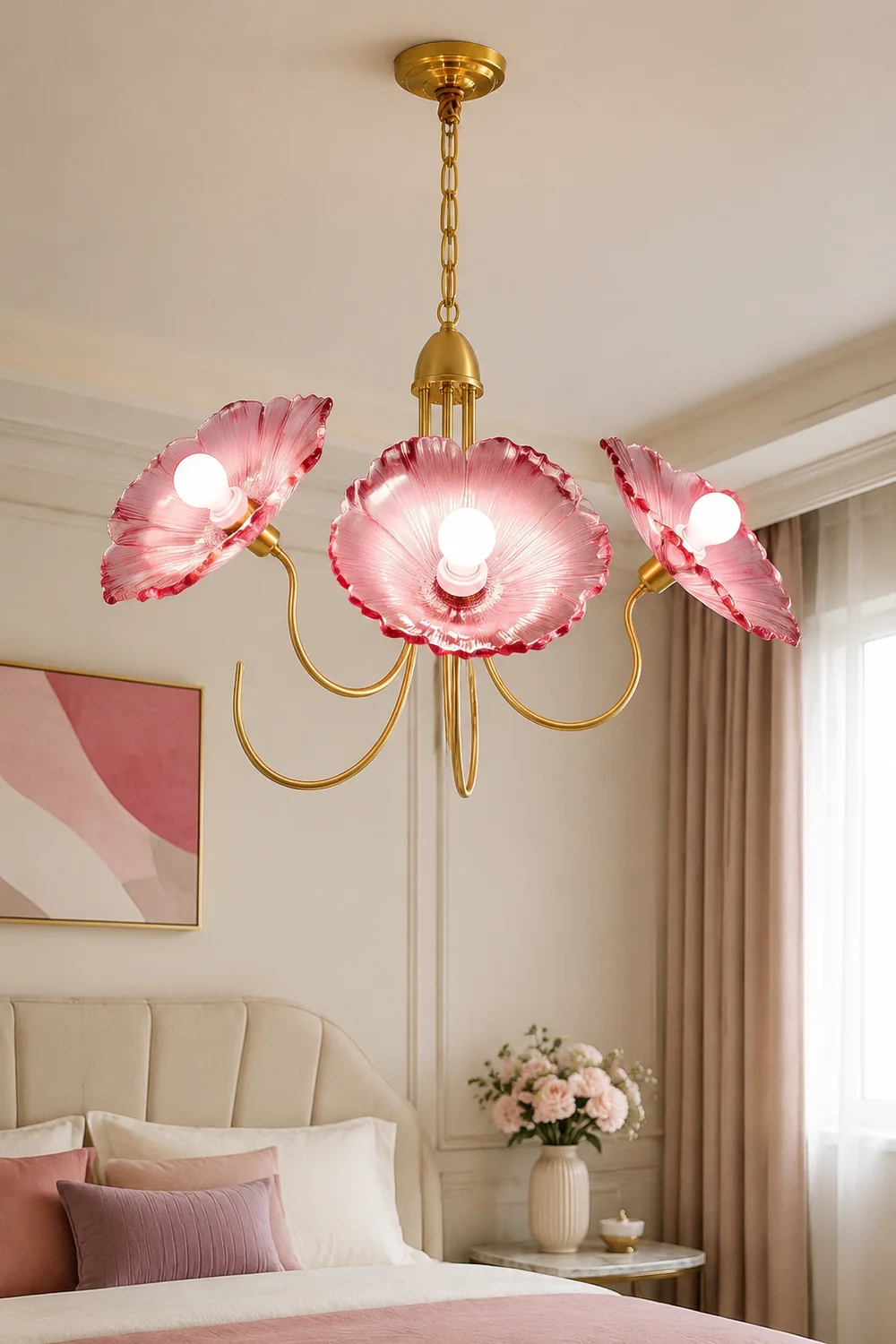 Bella Modern Flower Art Deco Metal/Glass Chandelier Pink Bedroom - Lumpaz