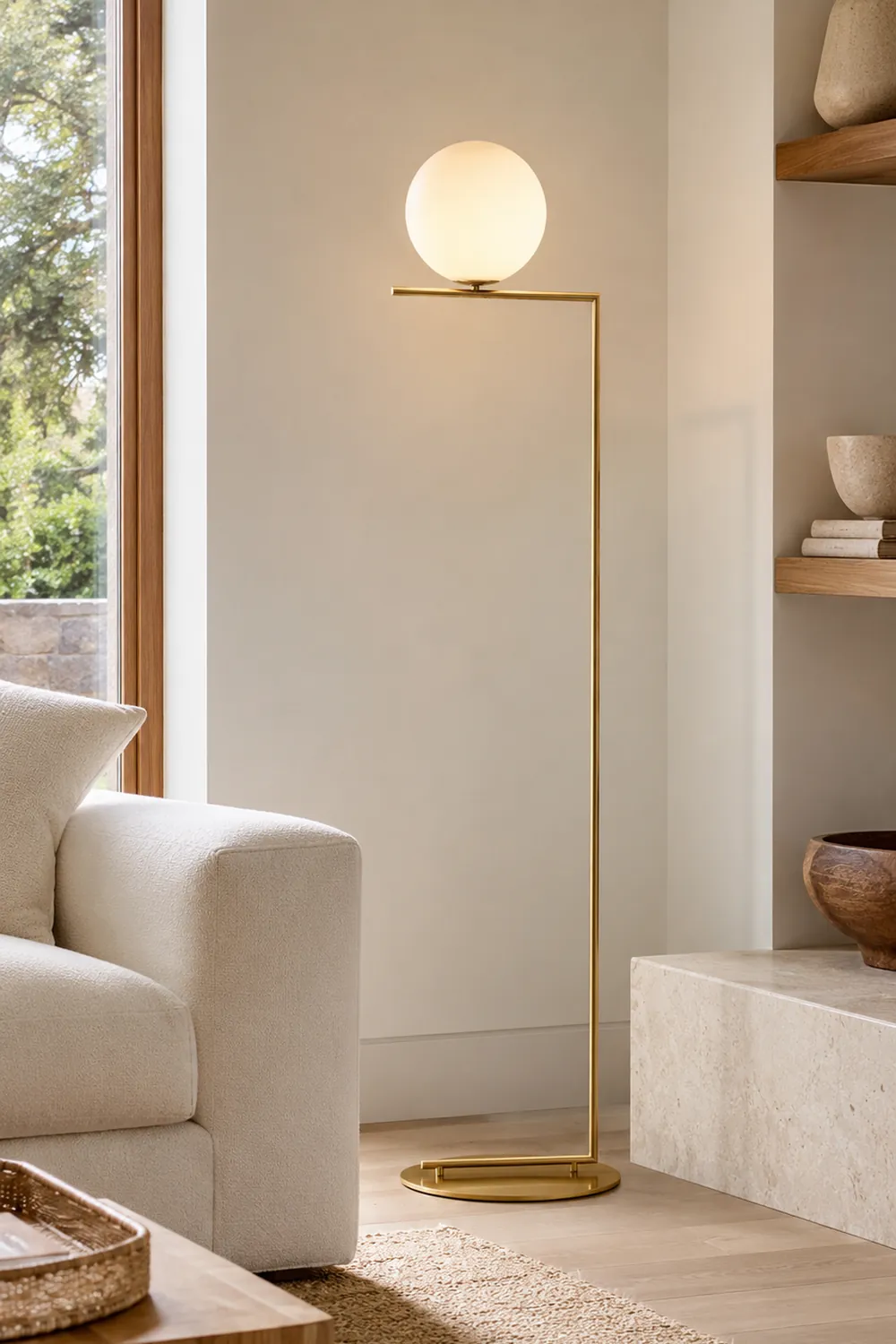 Valentina Modern Right Angle Globe Metal/Glass Standing Floor Lamp, Brass/Silver - Lumpaz