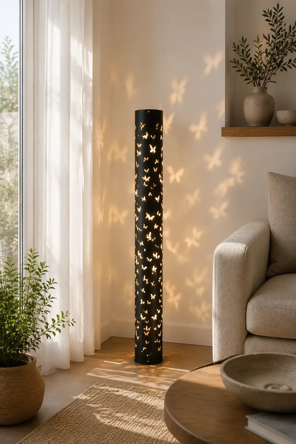 Kady Modern Cylinder Butterfly Metal Floor Lamp, Black/White - Lumpaz
