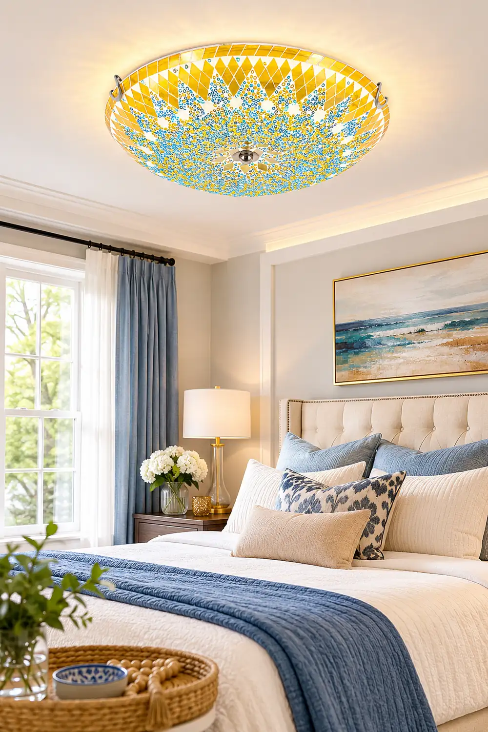 Eryn Modern Mediterranean Glass Flush Mount Ceiling Light Blue/Yellow/White - Lumpaz