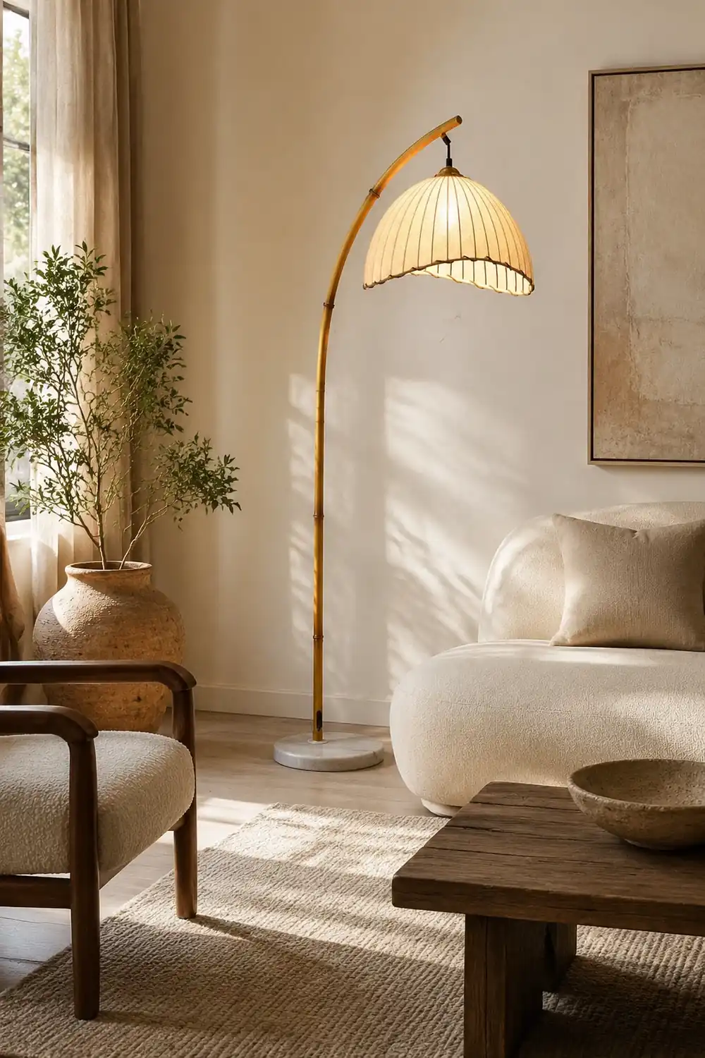 Ozawa Vintage Bamboo Shape Metal/Fabric Floor Lamp White - Lumpaz