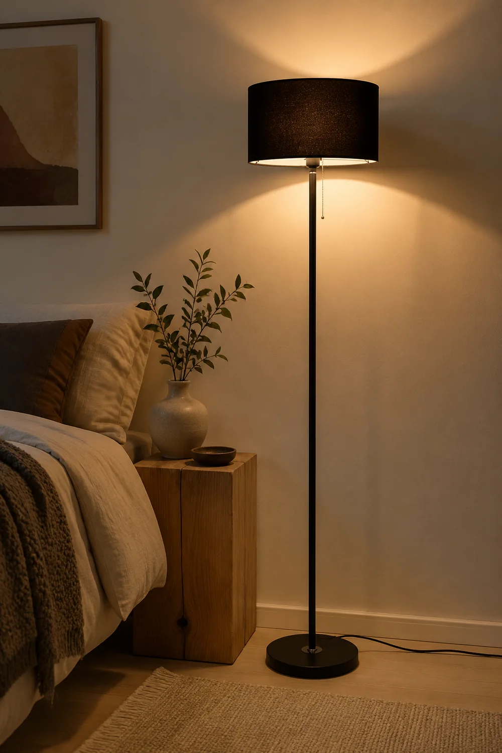 Eryn Floor Lamp Cylinder Modern, Metal/Fabric, Black/White/Gold, Bedroom - Lumpaz