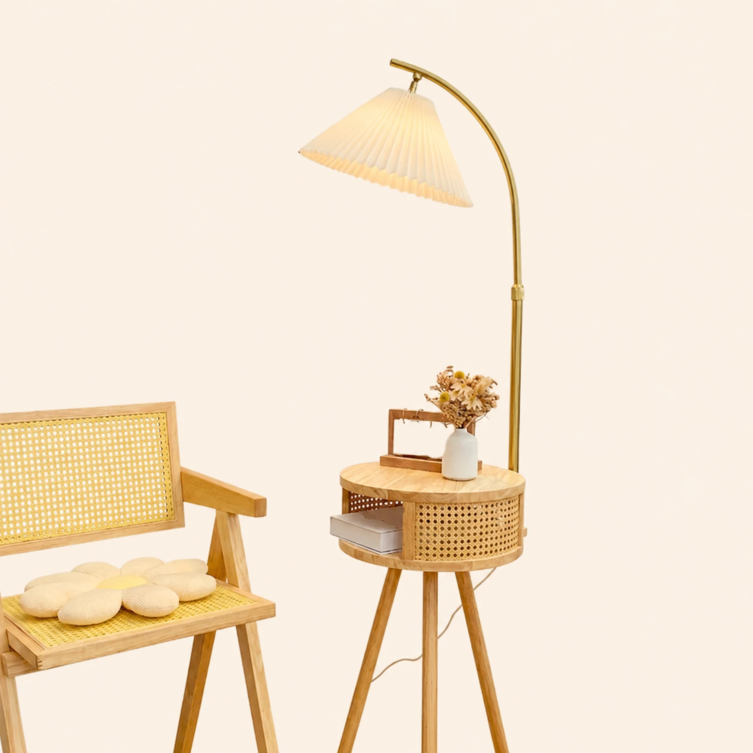 Ozawa Retro Pleated Metal & Wood Floor Lamp /w Bedside Table - Lumpaz