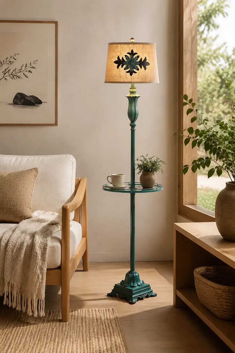 Eryn Floor Lamp Table Vintage, Metal/Resin, Green, Living Room - Lumpaz