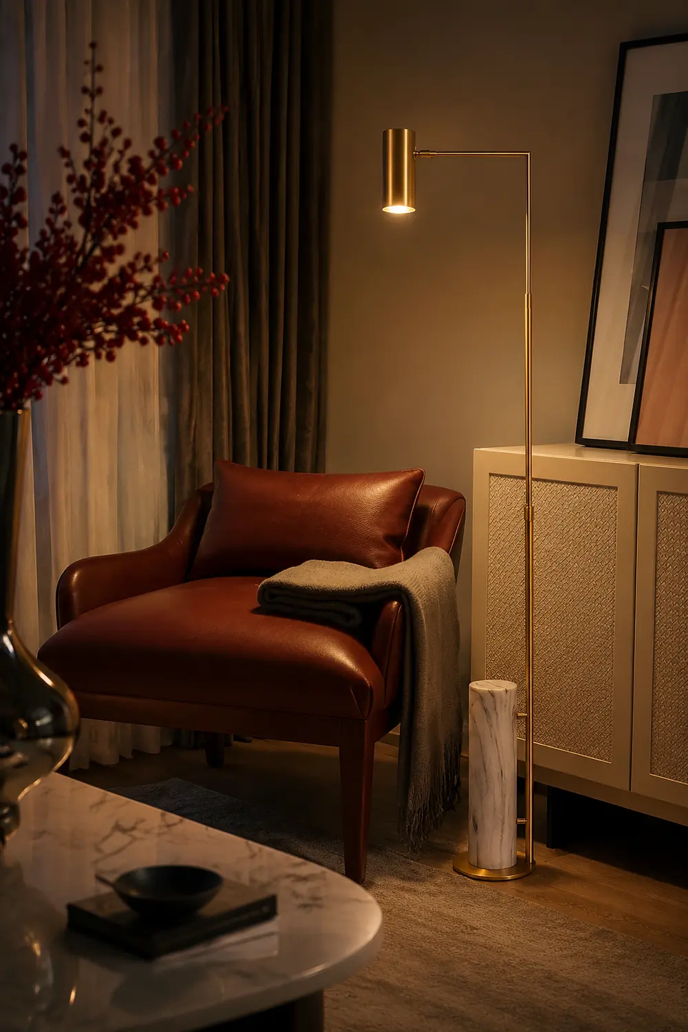 Salgado Minimalistic Gold Floor Lamp, Metal & Marble, Living room - Lumpaz