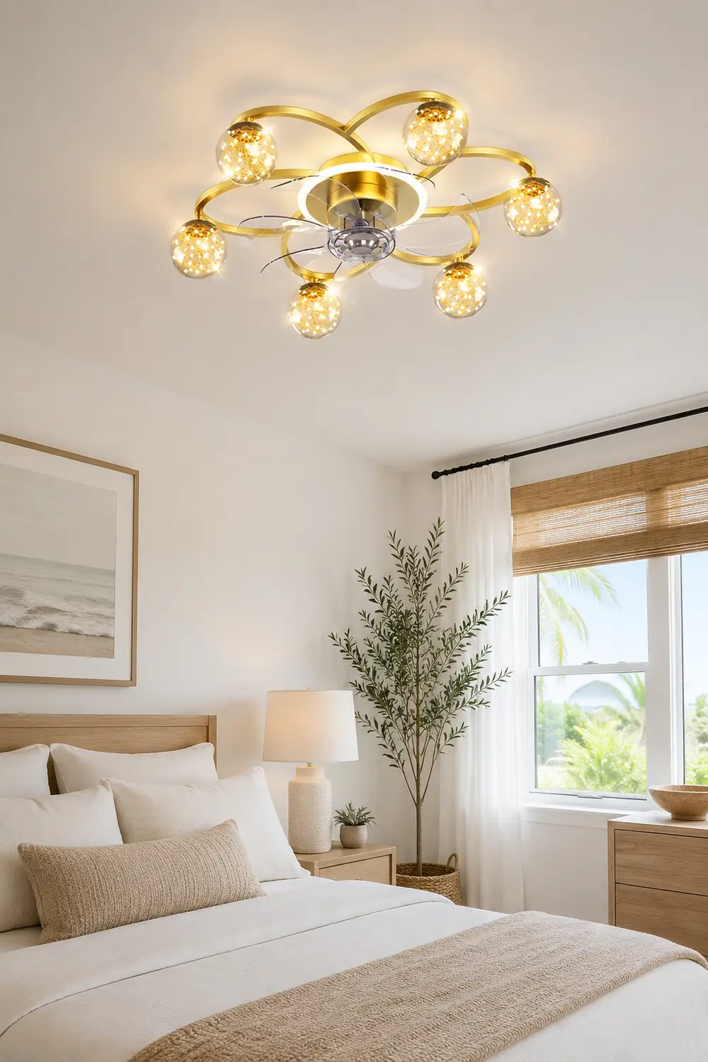 Madina Gold 7-Blade Starry Ceiling Fan with Light, DIA 22.8" - Lumpaz