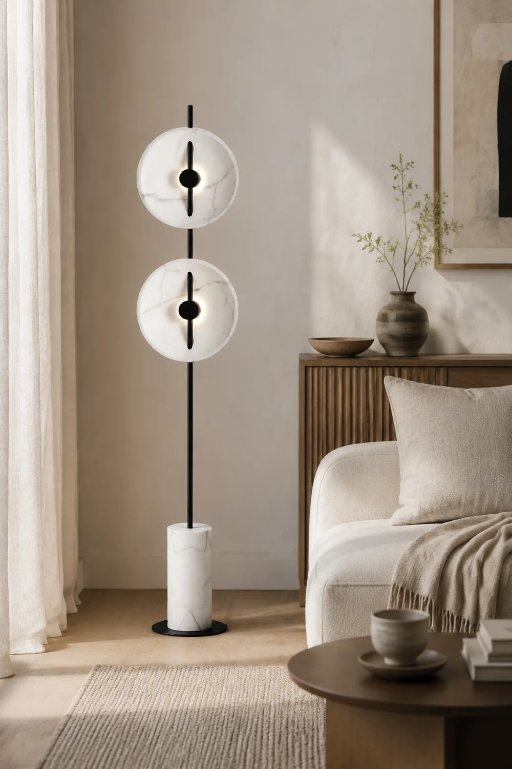 Salgado Modern Nordic Round Marble/Metal  Floor Lamp, White - Lumpaz