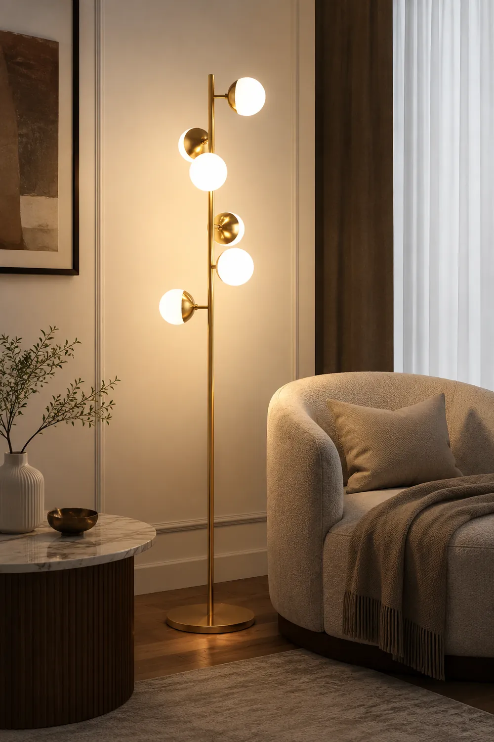 Valentina Floor Lamp Ball Modern, Metal/Ceramic, White/Gold, Living Room - Lumpaz