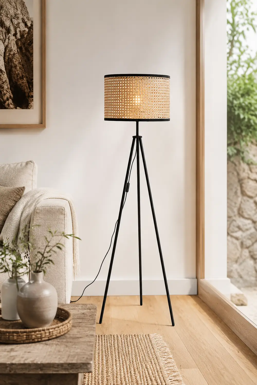 Ritta Natural Tripod Floor Lamp, Rattan/Willow Weave - Lumpaz