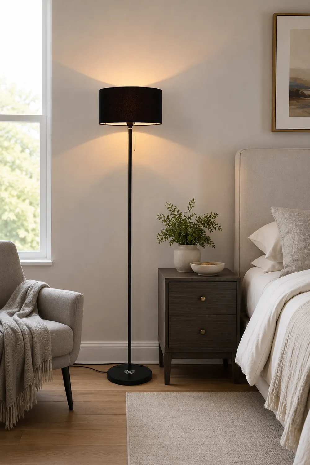 Eryn Floor Lamp Cylinder Modern, Metal/Fabric, Black/White/Gold, Bedroom - Lumpaz