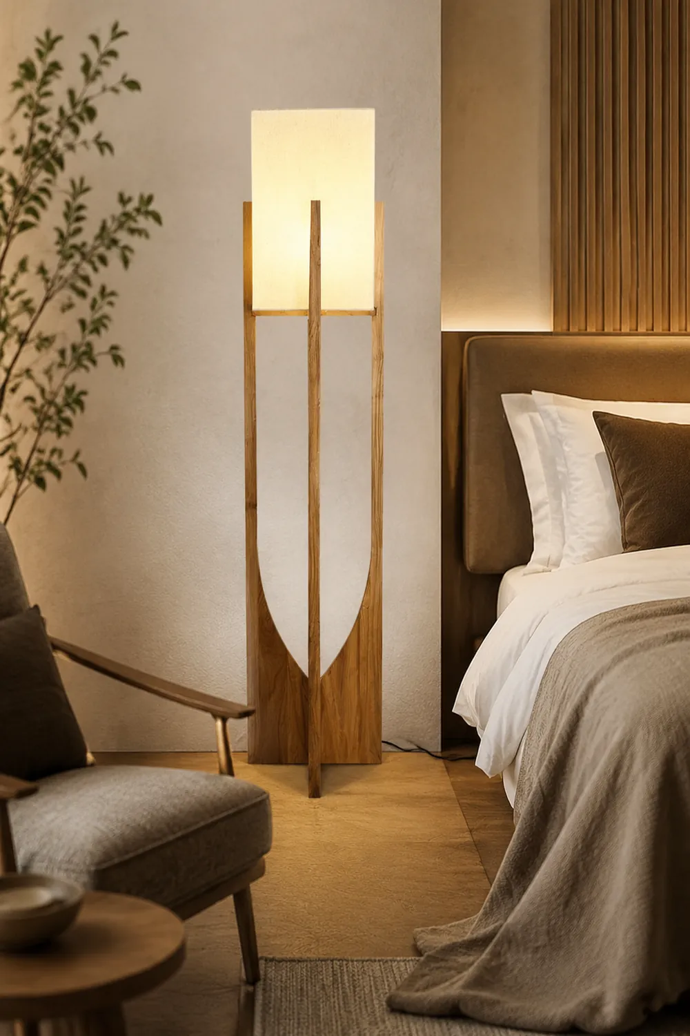 Ozawa Natural Rectangular Wood/Fabric Floor Lamp - Lumpaz
