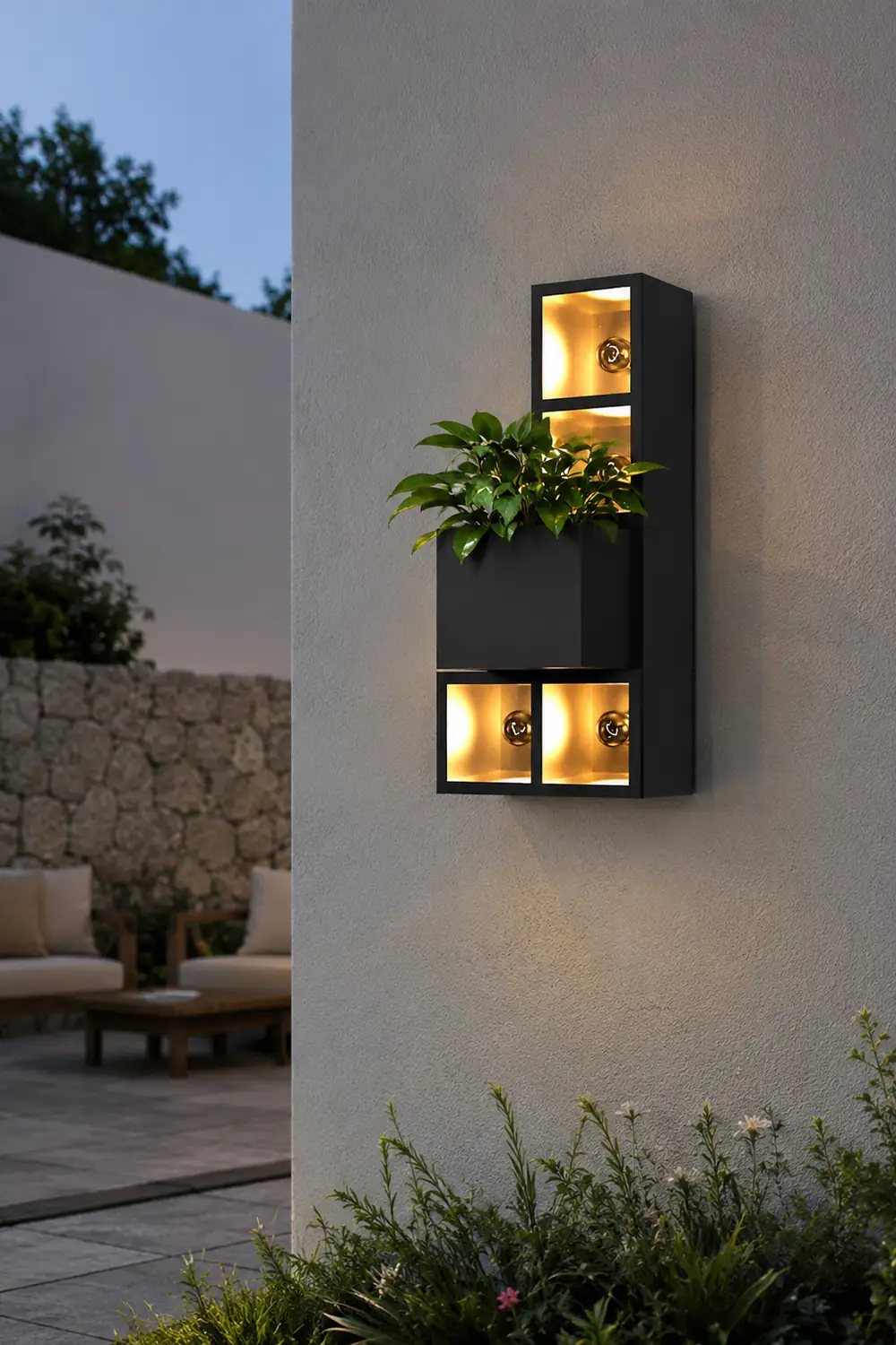 Waterproof Creative Square Combination LED Black Wall Lamp with Flowerpot - Lumpaz
