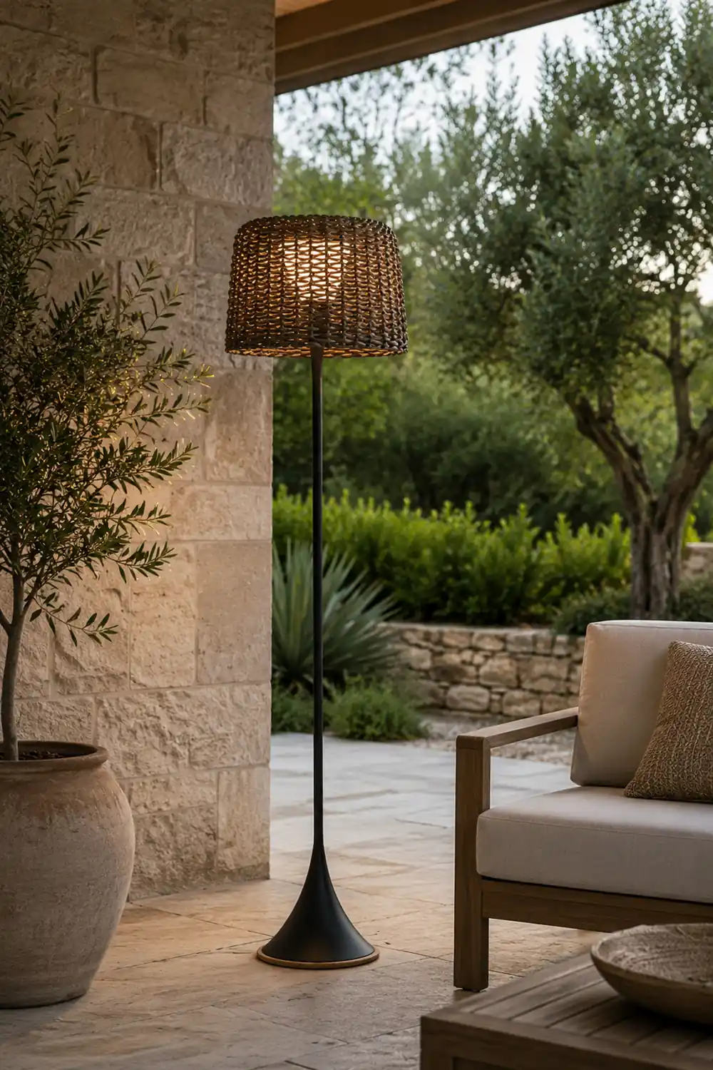 Ritta Waterproof Outdoor Floor Lamp, Rattan Black/White Balcony/Terrace - Lumpaz