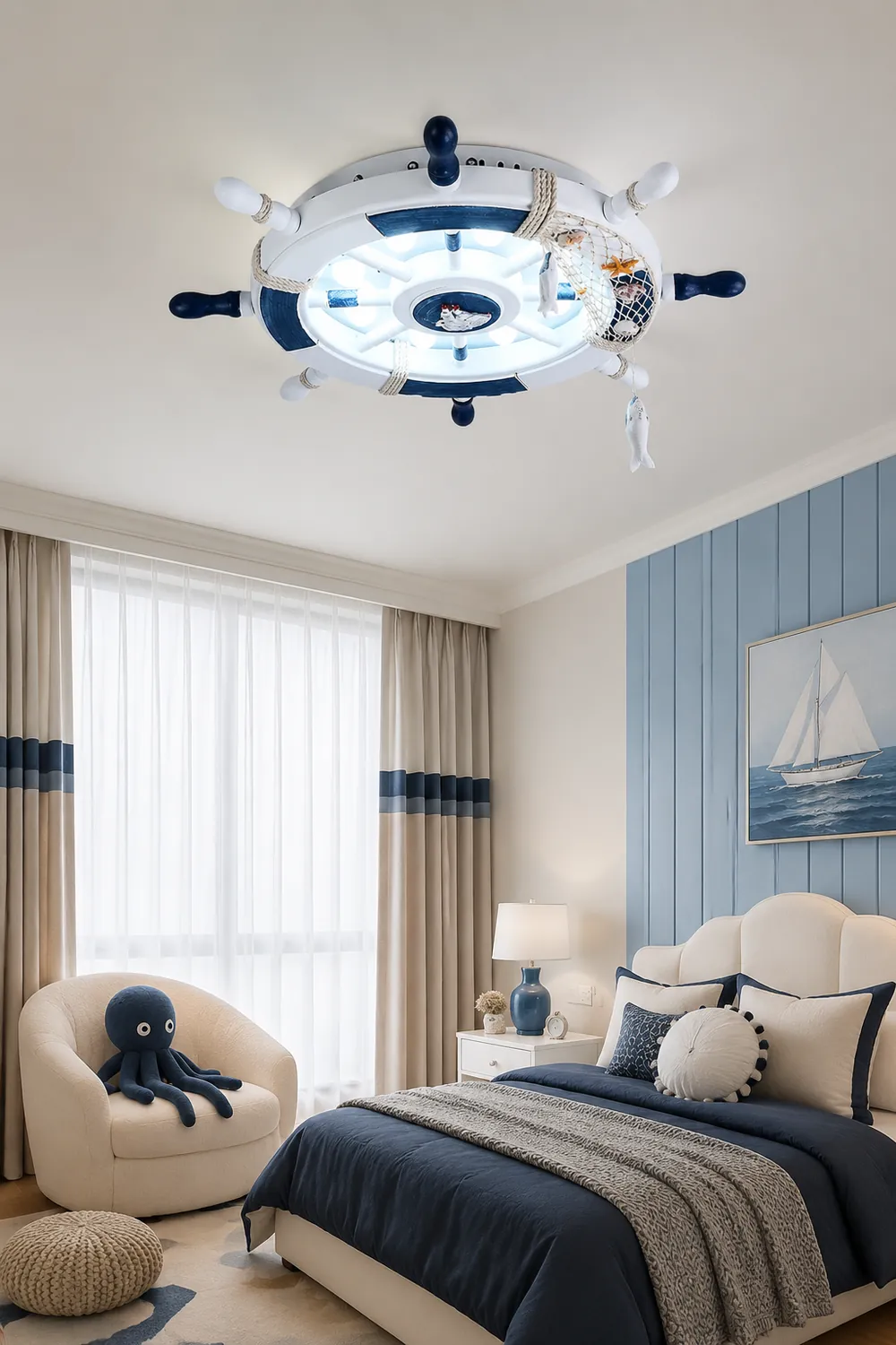 Quinn Modern Rudder Metal Flush Mount Ceiling Light White/Blue Bedroom - Lumpaz