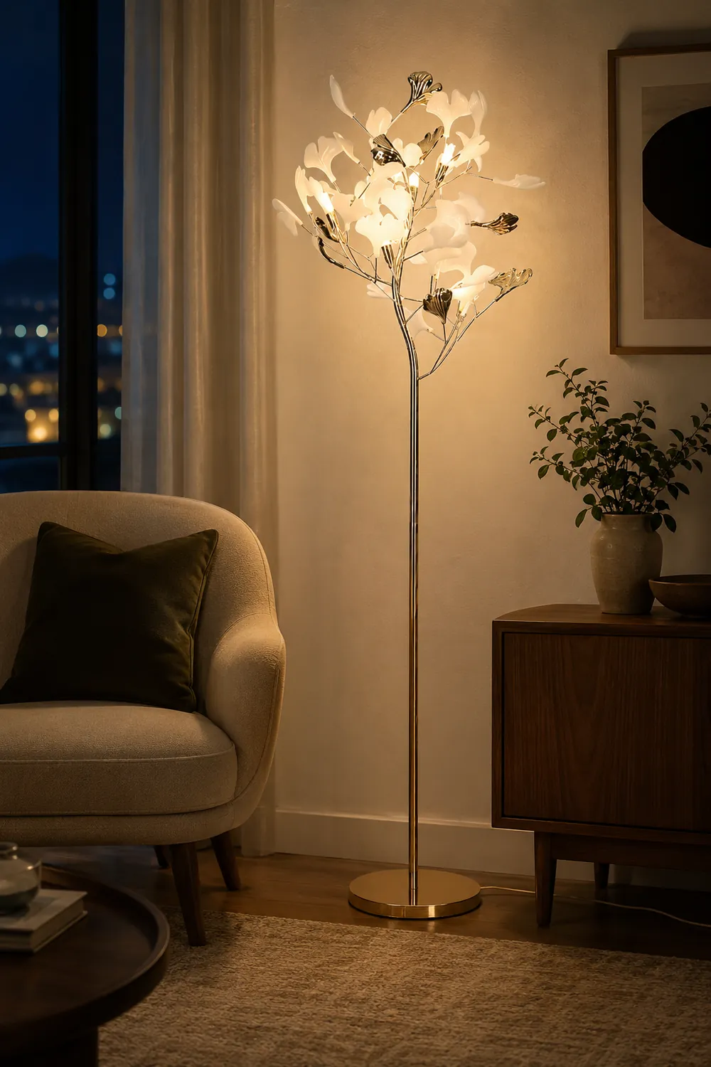 Ophelia Floor Lamp Leaf Artistic, Ceramic/Metal, White/Gold, Study - Lumpaz