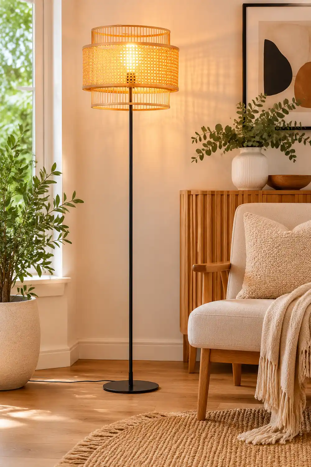Ritta Zen Rattan/Willow Weave Tri-Layer Floor Lamp, Wood - Lumpaz