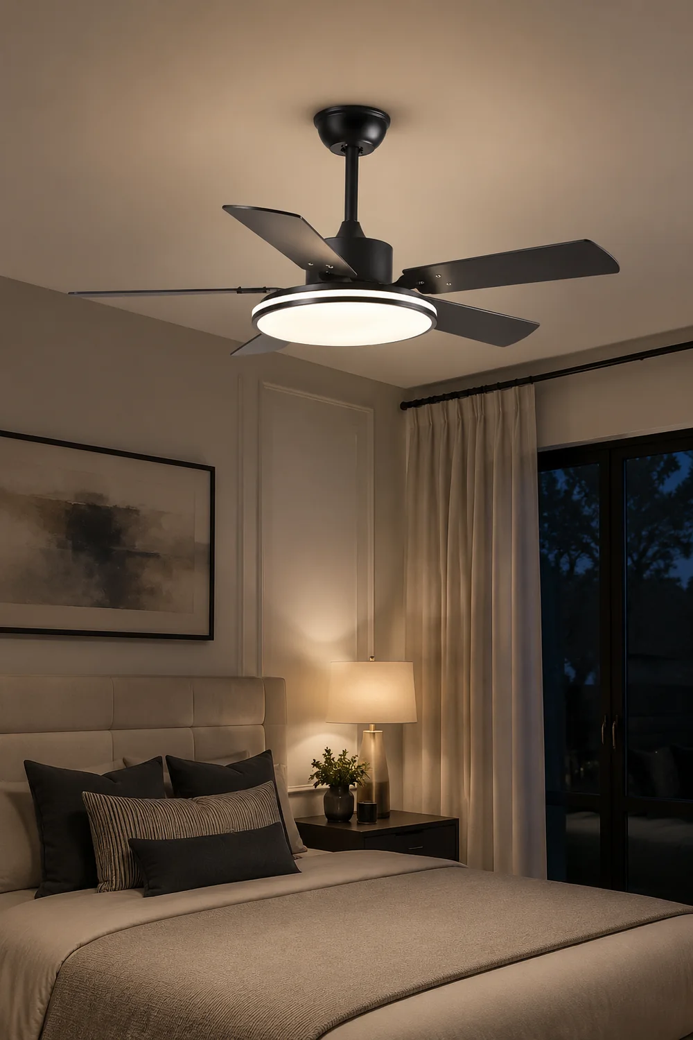 Haydn 5-Blade Modern Black DC Ceiling Fan with Light, Metal & ABS, 52'' - Lumpaz