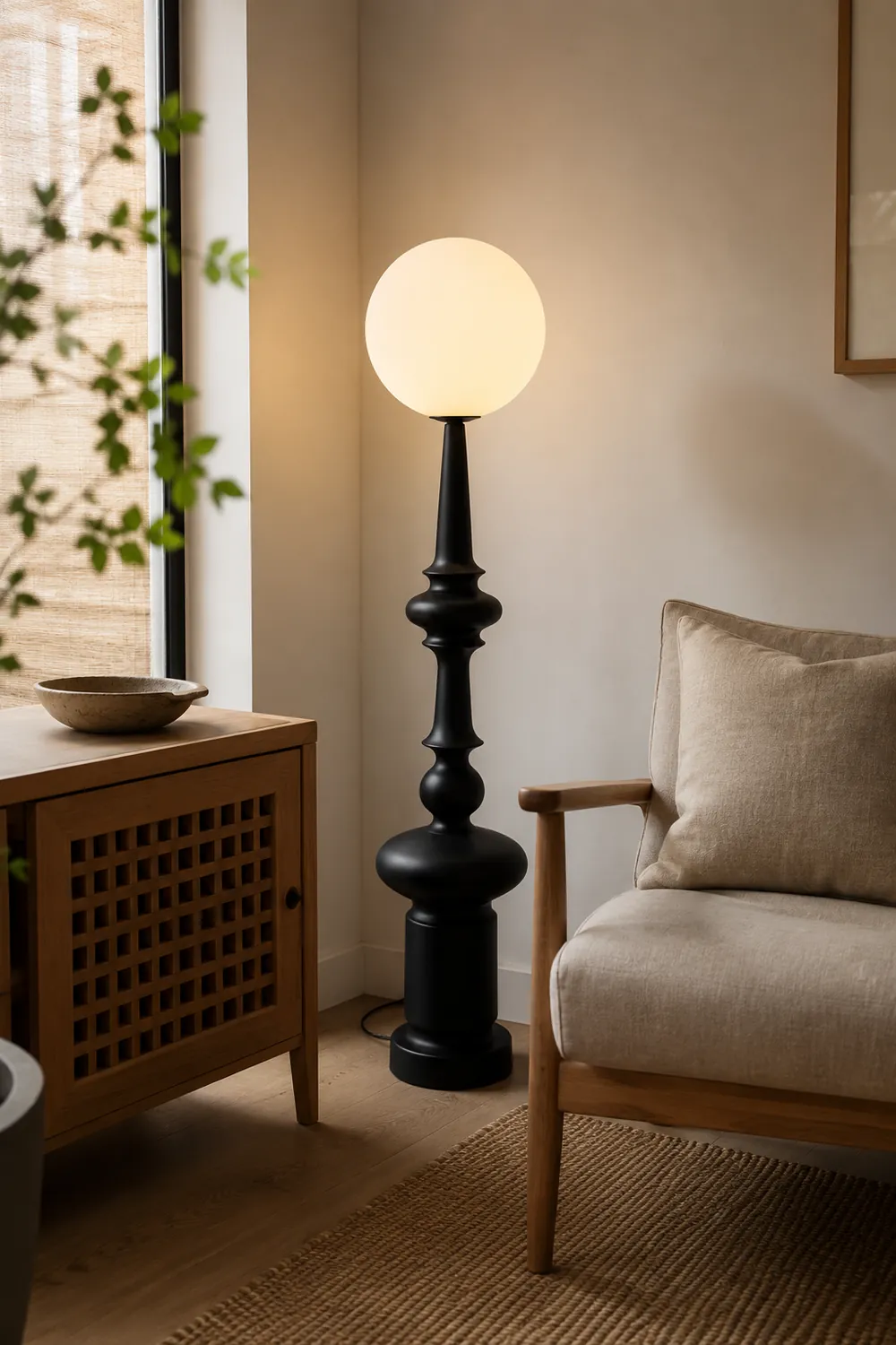 Salgado Retro Column Glass/Resin Floor Lamp, Black, Bedroom - Lumpaz