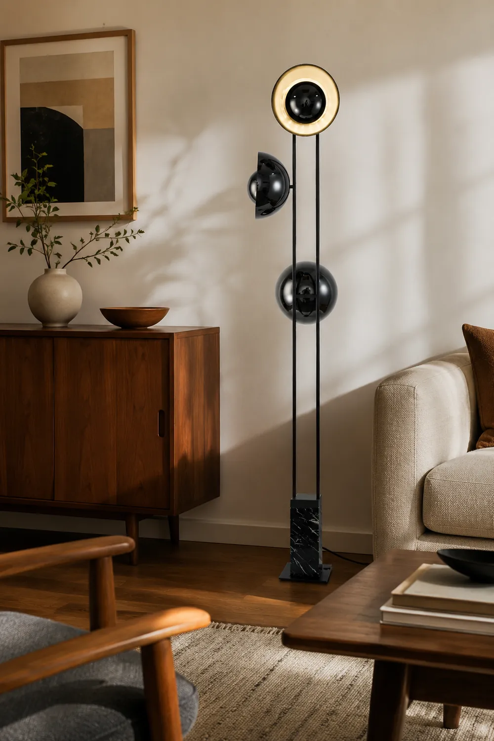 Salgado Modern Minimalist Tri-head Floor Lamp, Metal & Marble - Lumpaz