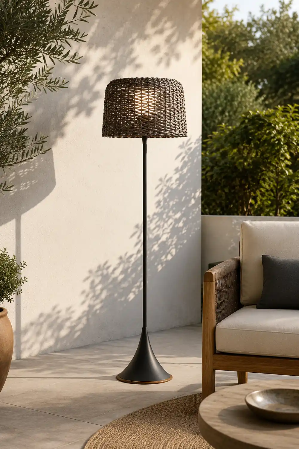 Ritta Waterproof Outdoor Floor Lamp, Rattan Black/White Balcony/Terrace - Lumpaz