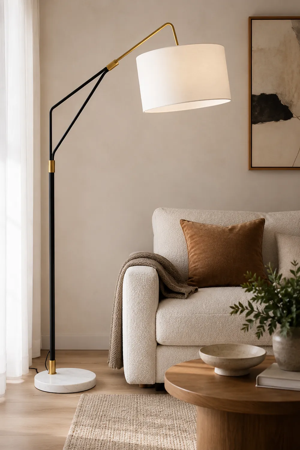 Eryn Floor Lamp Round Basic Nordic/Modern, Fabric, White, Bedroom - Lumpaz