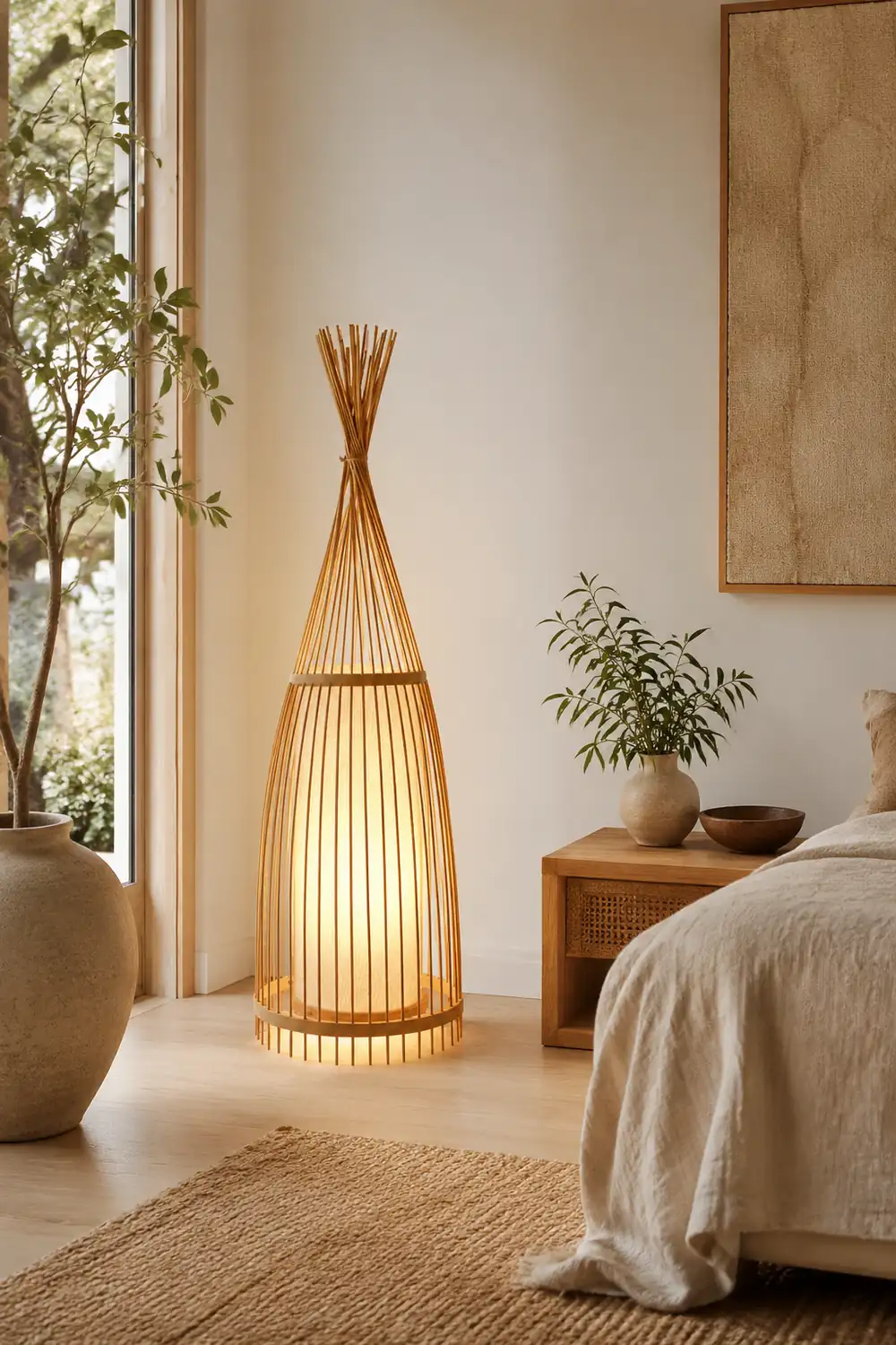 Ozawa Rustic Bottle Standing Floor Lamp, Rattan/Fabric, Bedroom - Lumpaz