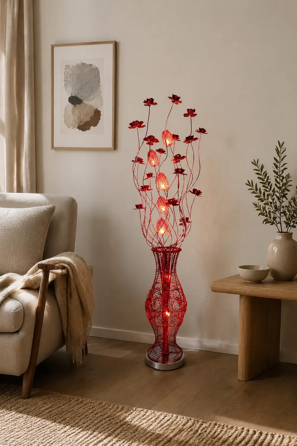Bella Art Deco Flower Vase Metal Red Floor Lamp, Living Room - Lumpaz