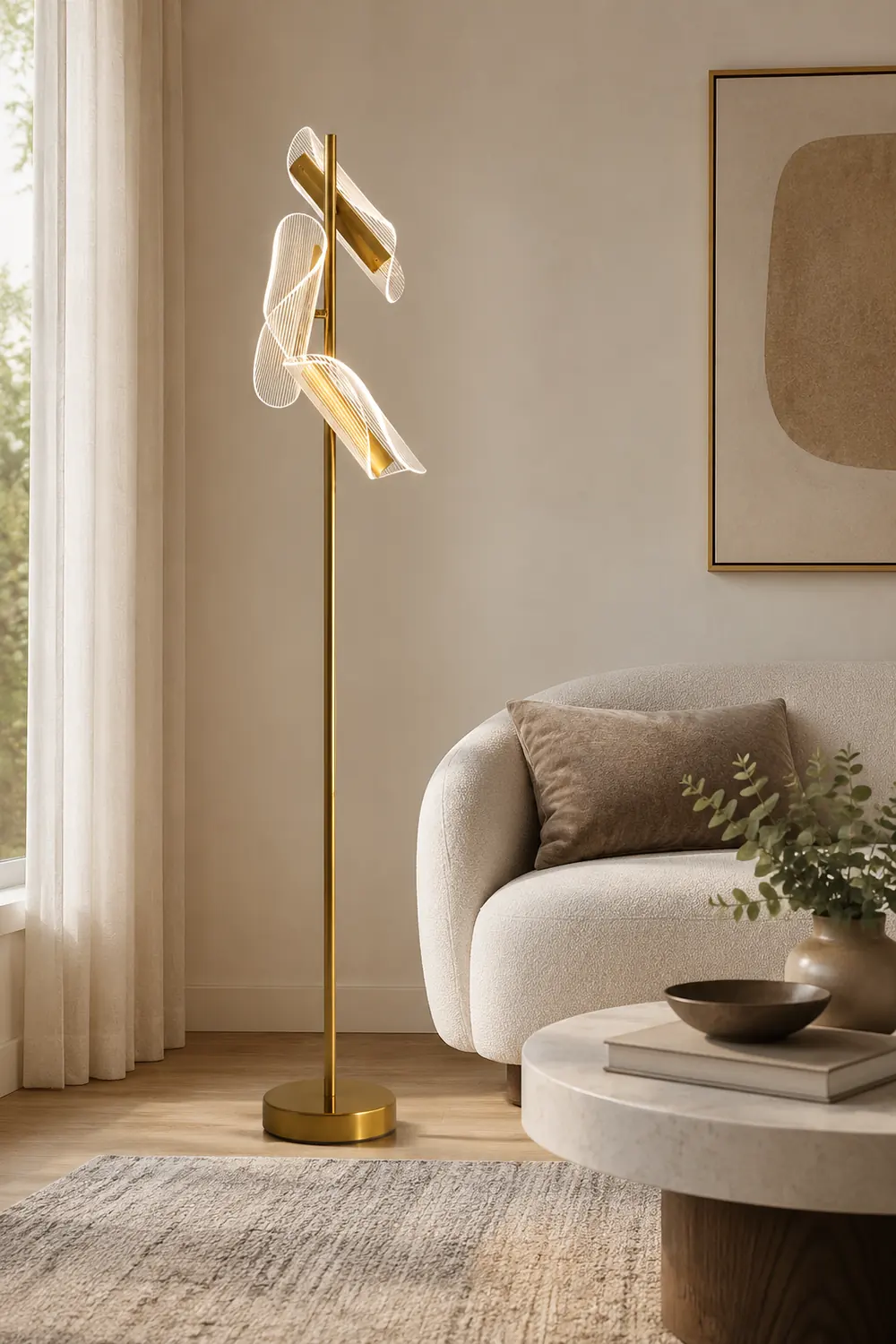 Salgado Floor Lamp Waves/3 Heads Modern, Acrylic, Gold/White, Living Room - Lumpaz