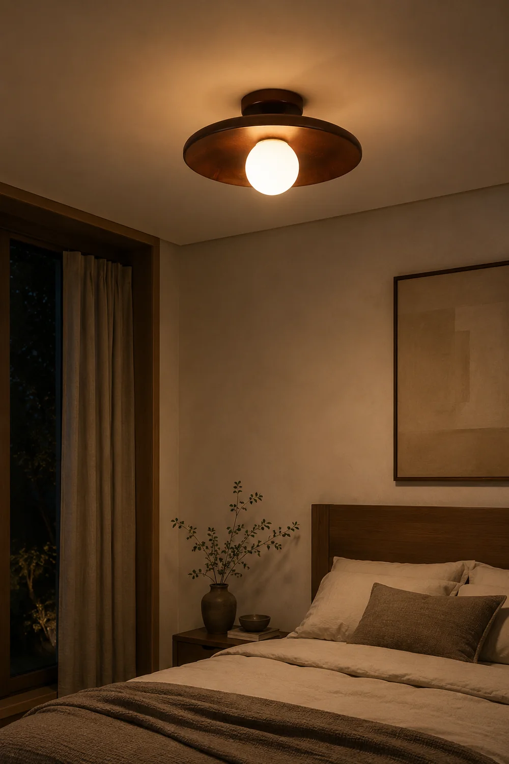 Carins Modern Round Flush Mount Ceiling Light Wood Walnut Bedroom - Lumpaz