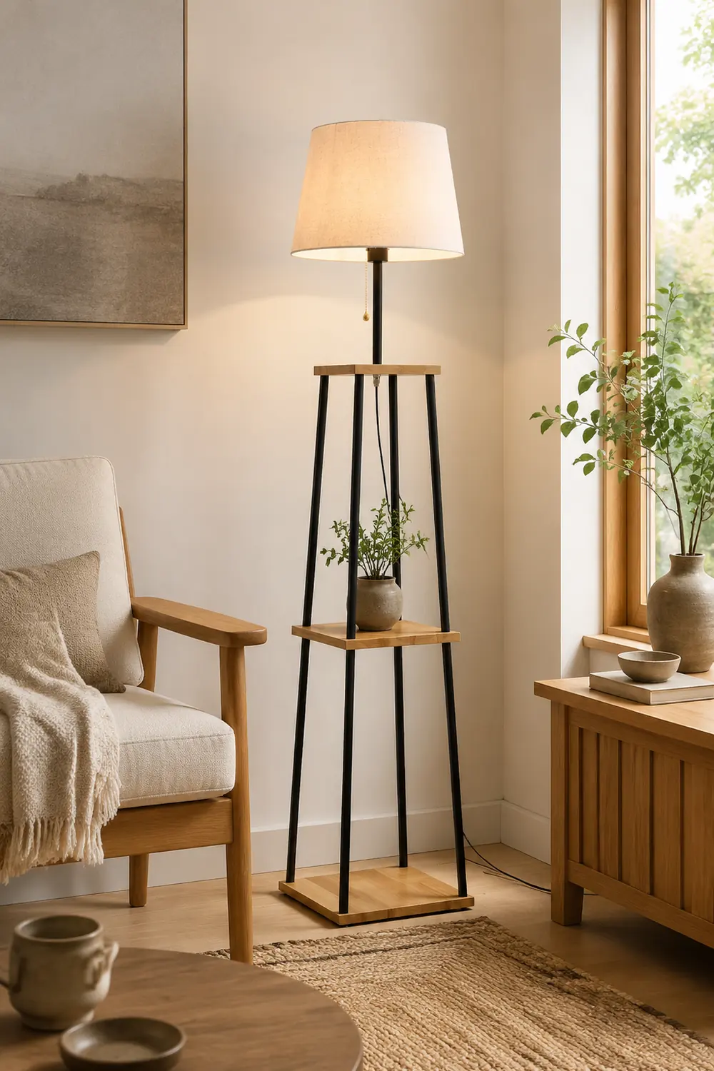 Eryn Modern Cone Metal Fabric Floor Lamp /w Shelf ,Black - Lumpaz