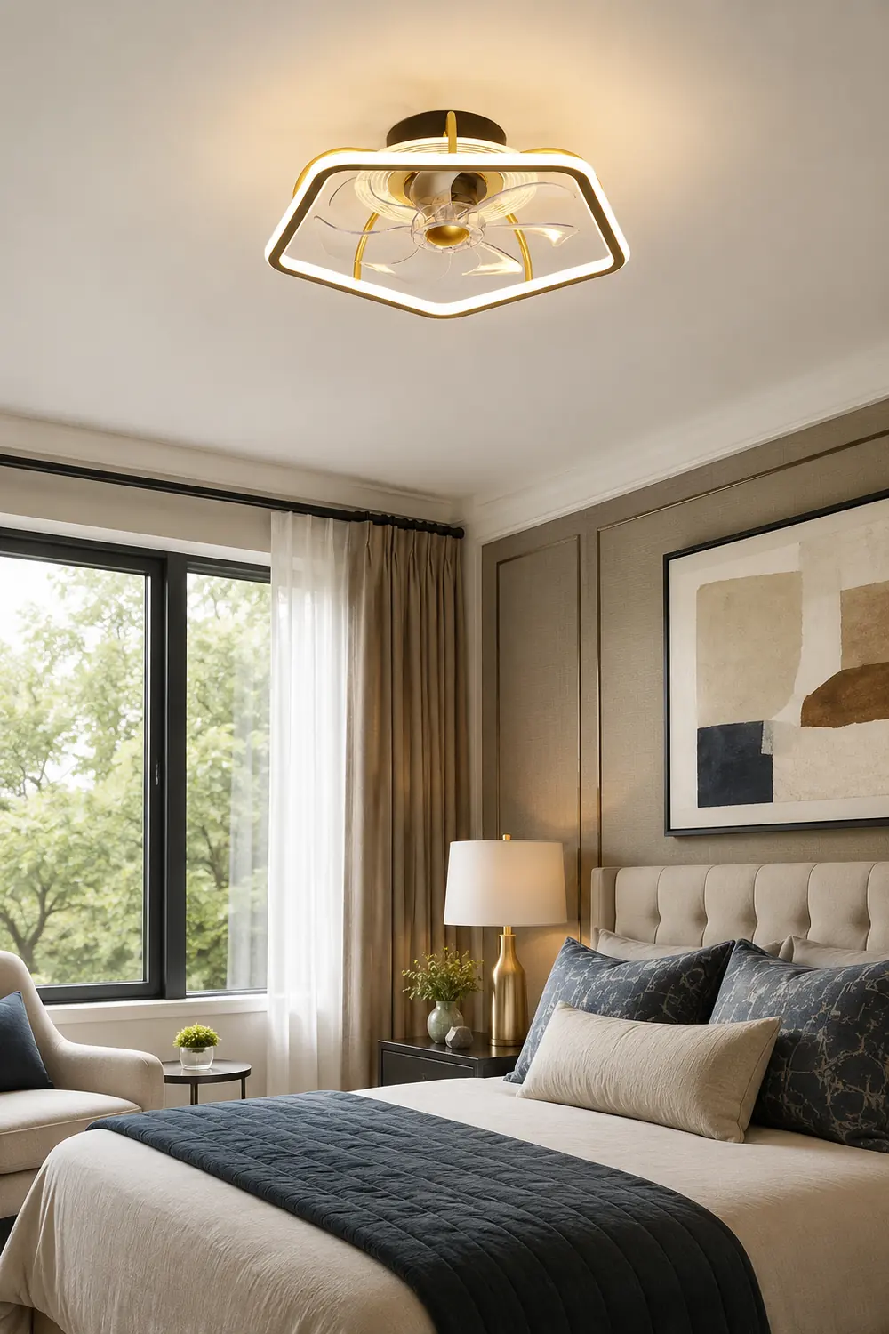 Edge 7-Blade Pentagon Black Ceiling Fan with Light, L 19" - Lumpaz