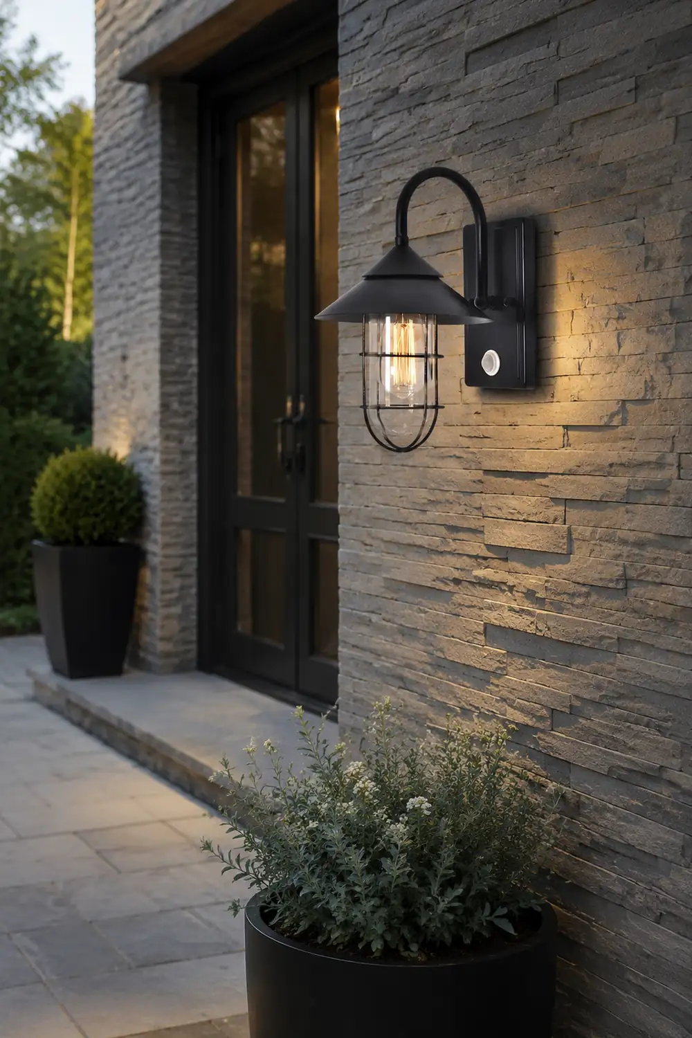 Retro Round Iron Glass Waterproof Motion Sensor Black Outdoor Wall Lights - Lumpaz