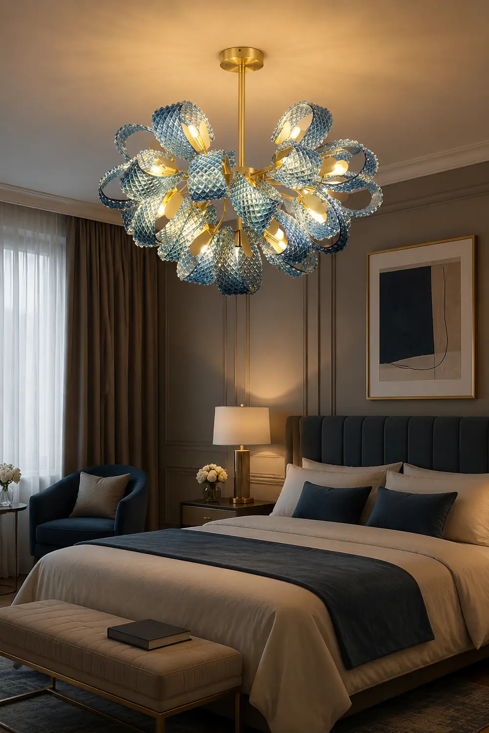 Hailie Vintage Art Deco Blue Glass Chandelier Living Room - Lumpaz