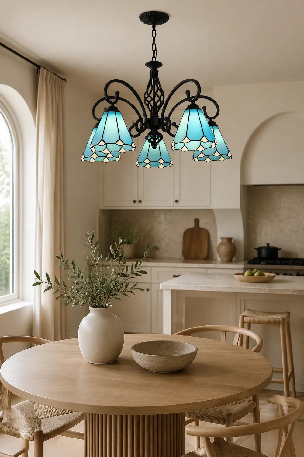 Silva Tiffany Mediterranean Branch Metal Chandelier, White/Blue/Navy Blue - Lumpaz