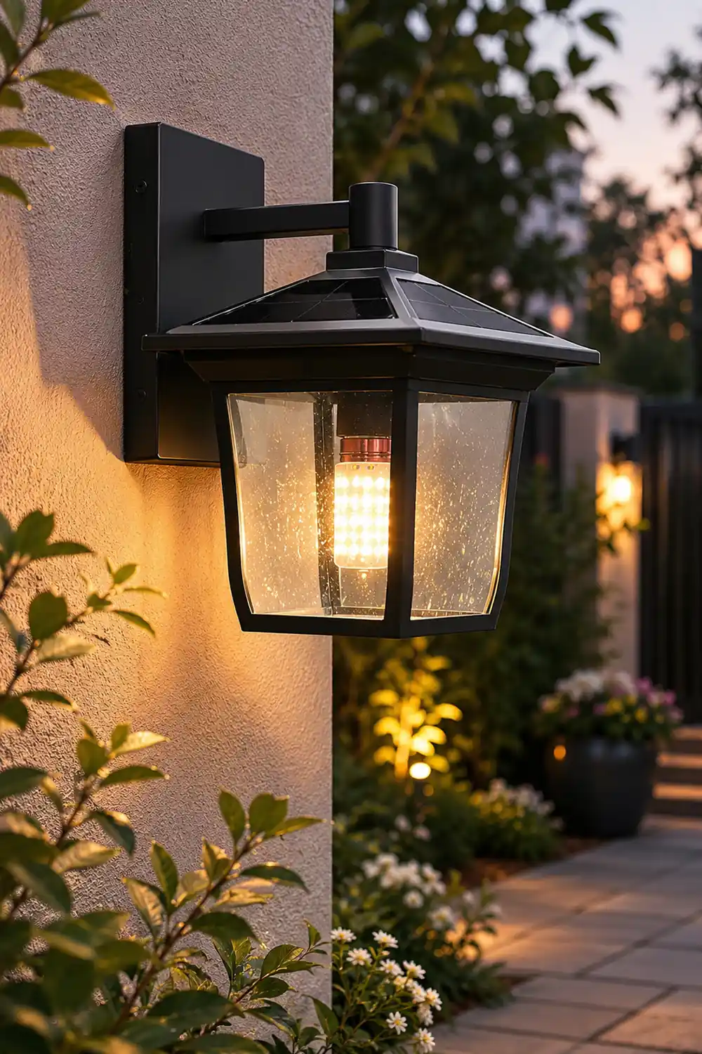 Square Waterproof Aluminum Glass Black Retro Solar Outdoor Wall Lights - Lumpaz