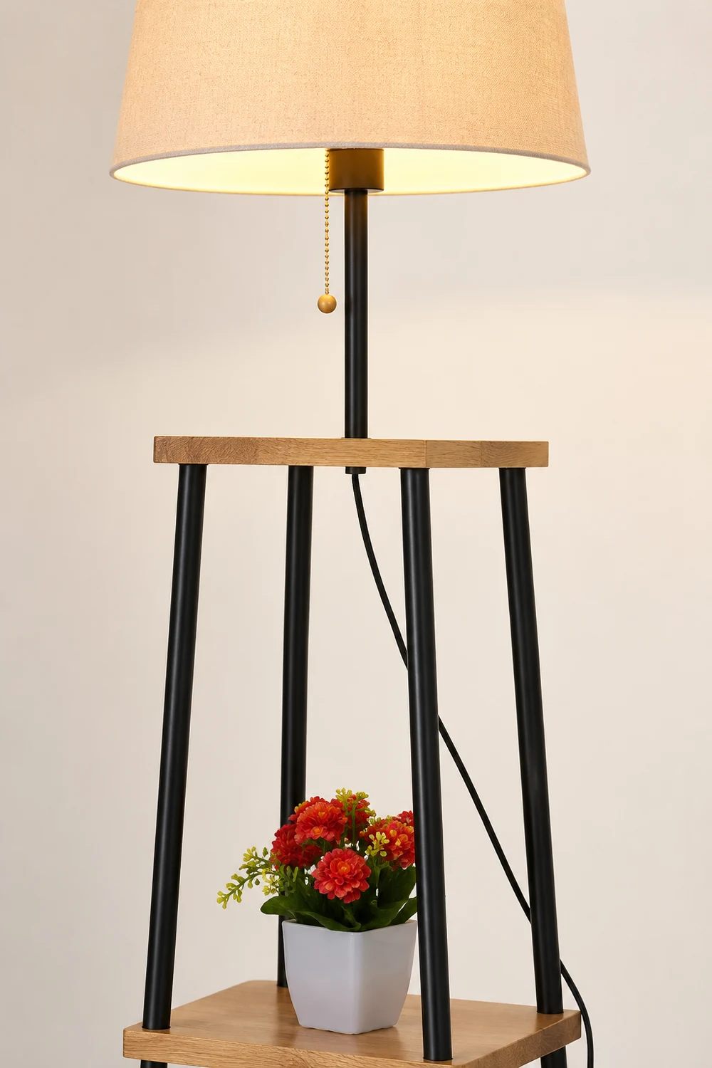 Eryn Modern Cone Metal Fabric Floor Lamp /w Shelf ,Black - Lumpaz